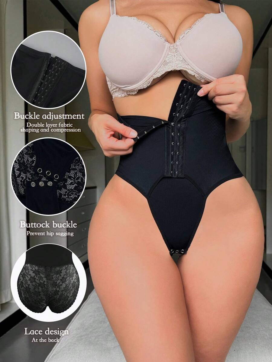 SHEIN Women's Slim Fit Shapewear Lace Trim Slimming Leggings For Fitness Workout - Black - View 1