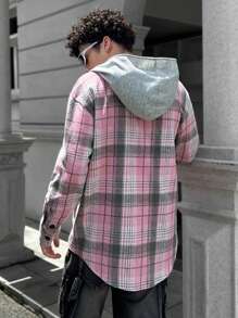 Manfinity VCAY 男士休闲格纹拼接拉链连帽长袖夹克，秋冬款 - 粉色 - 查看 2