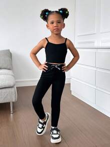 SHEIN Young Girl Plaid Print Open Front Top & Cami Top & Leggings