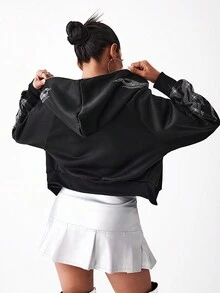 SHEIN SXY 女式短款羊毛连帽拉链夹克，带火焰水钻装饰 - 黑色 - 查看 2