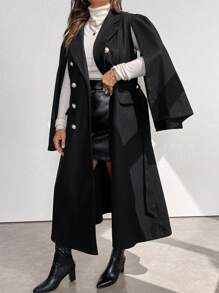 SHEIN Clasi Plus Size Women's Solid Color Simple Everyday Cape Sleeve Knitted Coat - Black - View 5