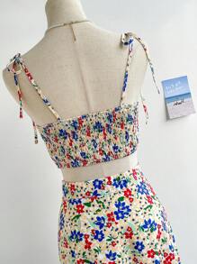 Soleia 2 件套女士浪漫碎花吊带荷叶边上衣和 A 字裙套装，休闲返校/秋季度假装 - 彩色 - 查看 4