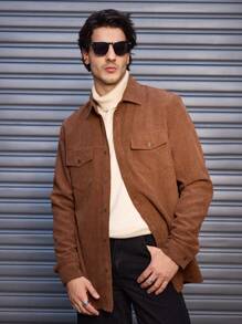 Manfinity VCAY 男士梭织常规版型翻领休闲夹克，适合秋季 - 棕色 - 查看 6