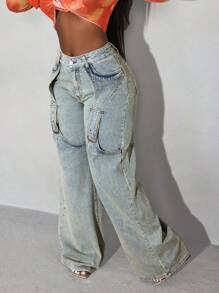 Slaydiva 纯色纽扣口袋休闲阔腿牛仔裤，女士休闲纽扣、口袋、拉链低腰阔腿长款轻洗宽松女式牛仔裤，春秋季，休闲日常穿着 - 淺色水洗藍 - 查看 3