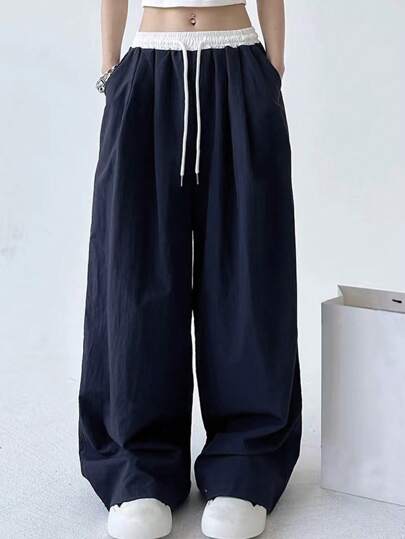 INAWLY Plus Size Women's Contrast Color Drawstring Waist Wide Leg Loose Pocket Pants Fall Cloth For Women