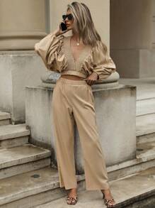 Aveloria 2 件套复古别致泡泡袖荷叶边 V 领衬衫和长裙套装，秋季 - 卡其色 - 查看 5