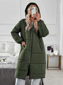 Chiquease Olive Green Quilted Padded Coat With Elastic Cuffs & Zipper Pockets, Women's Winter Jacket Thermal Fall Cloth For Women