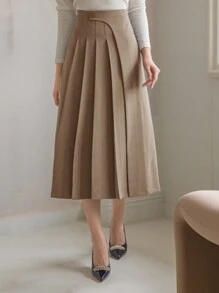 DAZY Women's Solid Color Pleated A-Line Skirt - Khaki - View 5