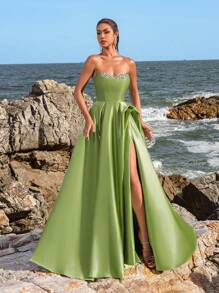 Faeriesty Satin Rhinestone Detail Formal Tube Prom Dress - Green - View 4