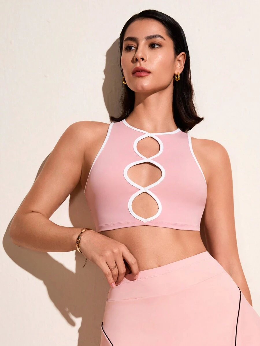SHEIN Sovereign Charm Camiseta deportiva ajustada con recorte para mujer - Rosa - Ver 1