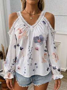 SHEIN LUNE 2024 Thiết Kế Mới Cổ Chữ V Hở Vai In Hoa Tay Dài Thanh Lịch Cho Nữ - trắng - Xem 6