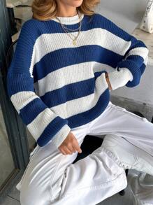 EURMUSE Women Stripe Pattern Round Neck Drop Shoulder Pullover - Multicolor - View 7