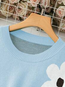 SHEIN LUNE Plus Size Women Floral Print Crew Neck Short Sleeve Casual Knitted Top, Spring/Autumn - Blue - View 3