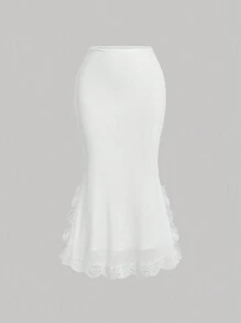 SHEIN MOD Chất rắn Schiffy Viền Ruffle Nút Cami ngọn & Váy Mermaid - trắng - Xem 5