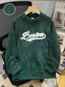 SHEIN 1 件休闲舒适百搭保暖手写字母印花羊毛高领运动衫，适合青少年男孩，秋冬季 - 綠色 - 查看 1