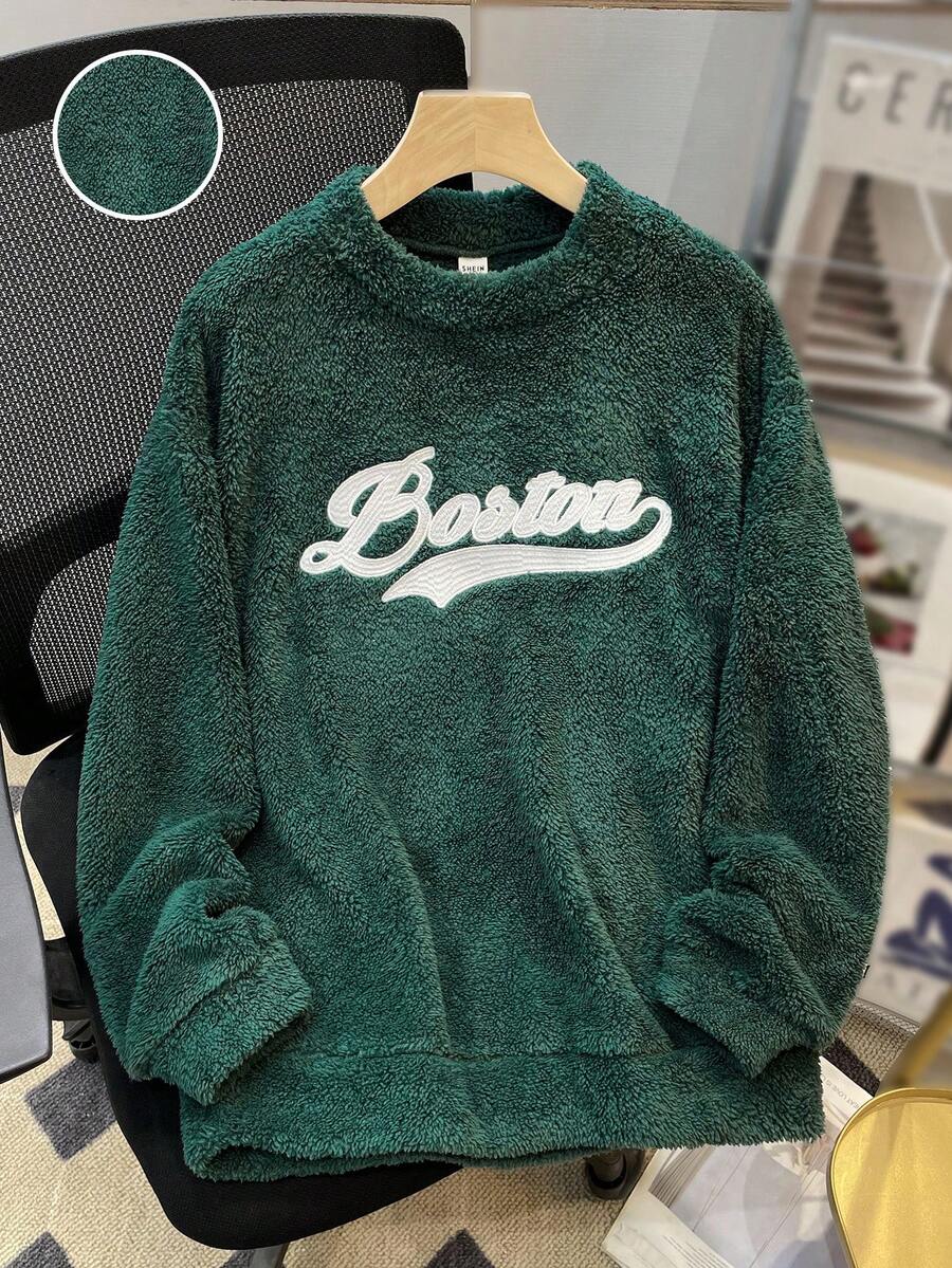 SHEIN 1 件休闲舒适百搭保暖手写字母印花羊毛高领运动衫，适合青少年男孩，秋冬季 - 綠色 - 查看 1