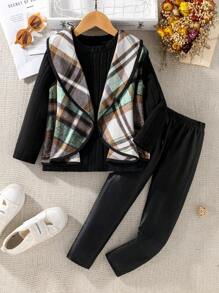 Young Girl Green Plaid Vest With Black Knit Long Sleeve Top & Black Pants Set, Classic Plaid Element With Vest Design, Fashion & Layered Look, Stylish Vest Jacket Can Be Paired With Multiple Items, Showcase Child's Personalized, Suitable For Casual, Outdoor In Autumn/Winter - Dark Green - View 1