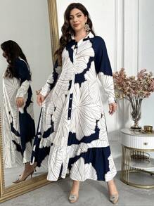 Al Najma Váy dài tay xếp nếp in hoa ngẫu nhiên cỡ lớn, váy dài maxi thanh lịch cỡ lớn cho trang phục thường ngày/du lịch/ngày lễ/nghỉ mát/mặc ở nhà - Màu xanh hải quân - Xem 3