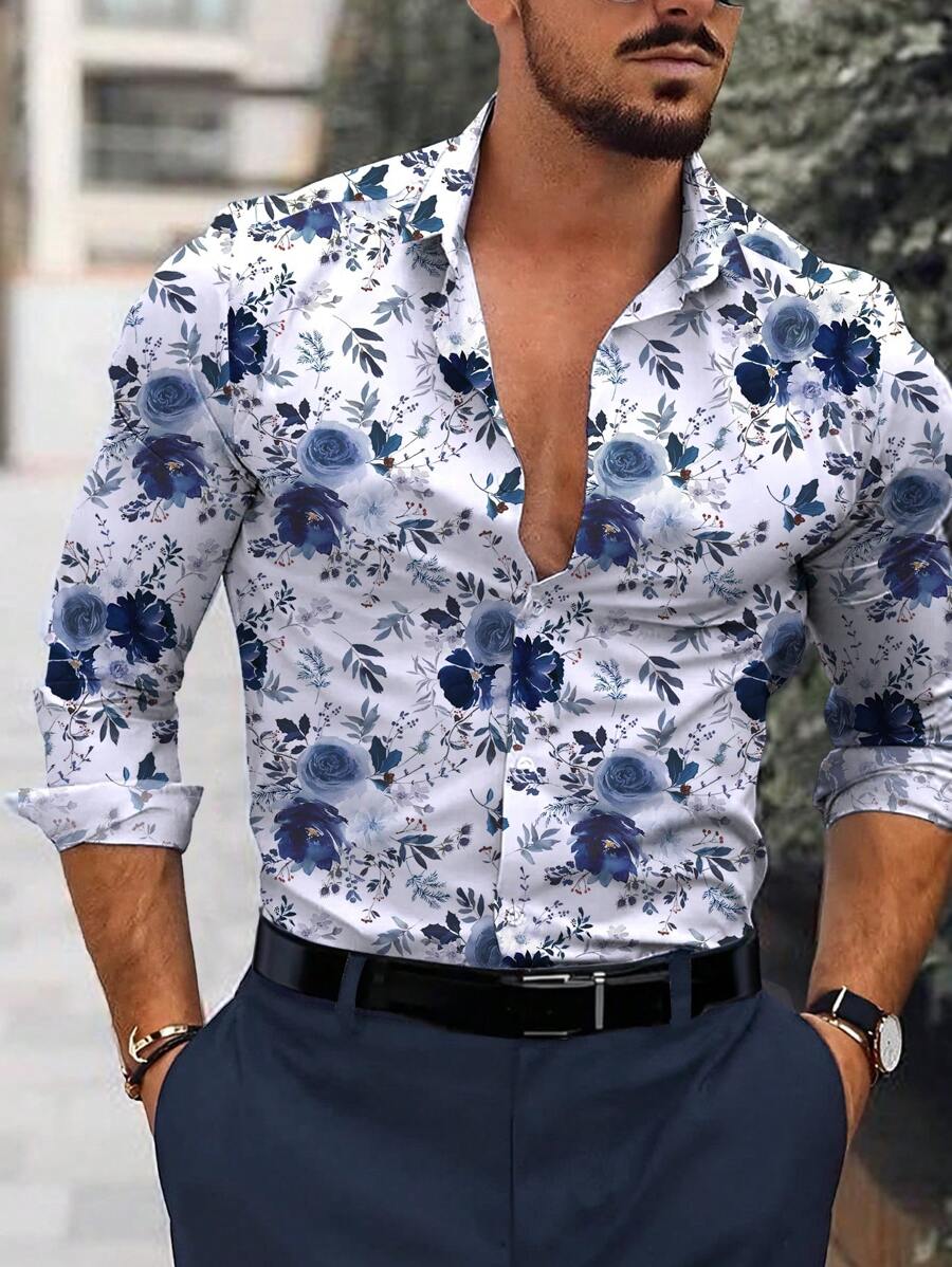 Manfinity Homme Men's Floral Graphic Colorful Print Long Sleeve Casual Vacation Shirt, For Going Out, Beach, Husband, For Fall Ceremony - Multicolor - View 1