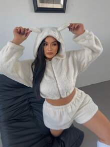 Flirla Plus Size Cute Fashionable Zip-Up Hooded Plush Jacket & Casual Plush Shorts Set - White - View 7