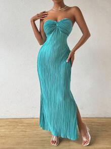 SHEIN PETITE 女士优雅蓝色褶皱露肩扭纹前中长连衣裙长款女装 - 青碧色 - 查看 4