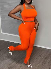 Slaydiva Plus Size Women's Halter Neck Sleeveless Top And Tight Pants Two Piece Set - Orange - View 5