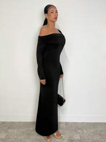 SHEIN BAE 女士优雅长袖不对称下摆连衣裙，纯色，秋冬