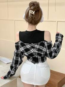 DAZY 女式二合一刺绣字母格子长袖衬衫，秋装