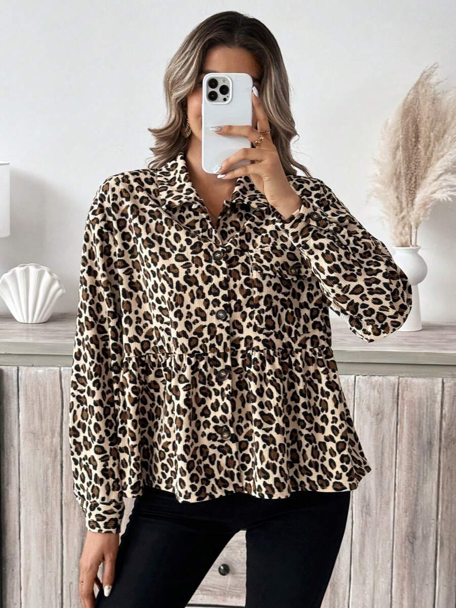 SHEIN Frenchy Women's Button Down Long Sleeve Casual Loose Fit Leopard Print Jacket Winter Cheetah - Multicolor - View 1