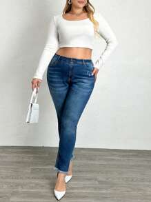 EURMUSE Plus Size Mulheres Bolsos Bainha Desfiada Skinny Casual Jeans - Lavagem escura - Ver 3