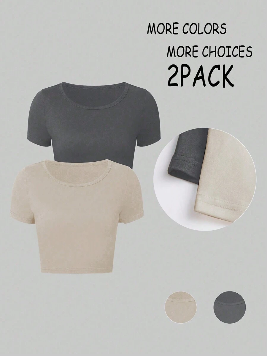 SHEIN Unity Bộ áo thun crop top màu trơn thông thường cho mùa hè - Màu xám đen - Xem 1