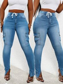 SHEIN Slayr 女式时尚抽绳松紧腰合身牛仔工装裤 - 中等水洗藍 - 查看 1