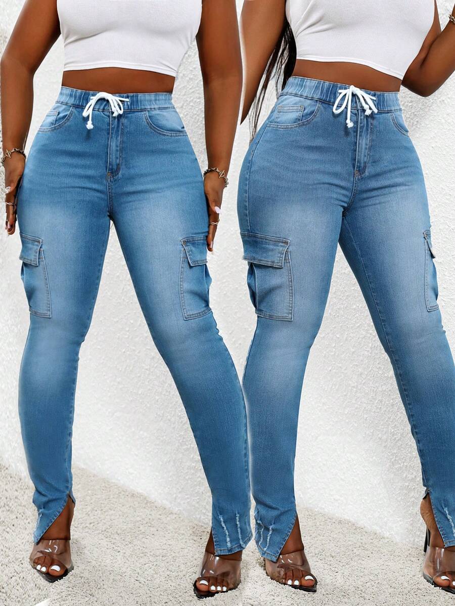 SHEIN Slayr 女式时尚抽绳松紧腰合身牛仔工装裤 - 中等水洗藍 - 查看 1