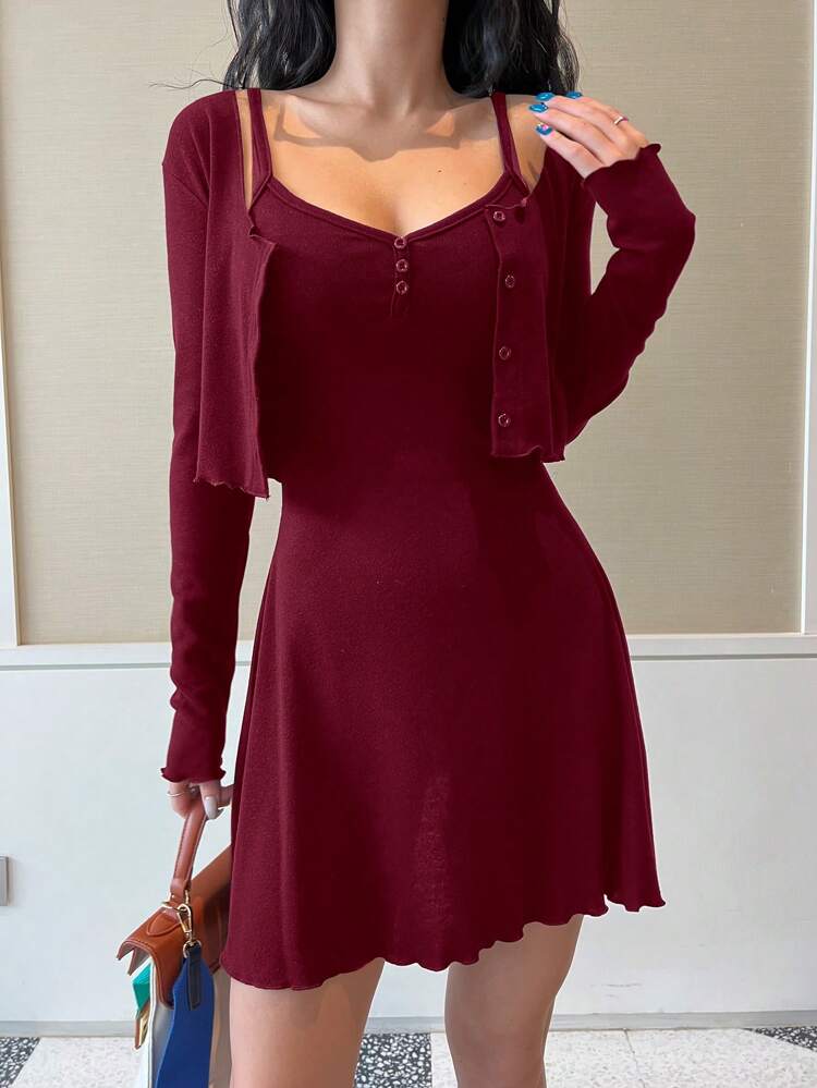 2pcs Women's Solid Minimalist Daily Wear Set: Long Sleeve Top And Camisole Dress