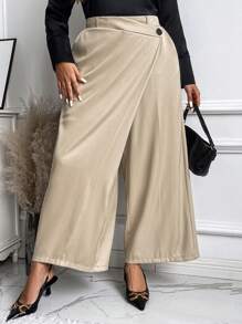 SHEIN Unity Damen Große Größen Hose mit Vorderseite, weites Bein, locker geschnitten für Büro - Khaki - Übersicht 3