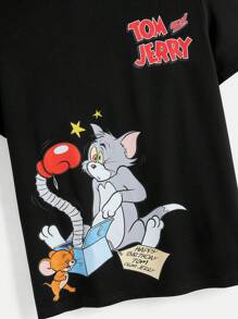 TOM & JERRY X SHEIN Men's Casual Cartoon & Letter Print Short Sleeve T-Shirt, Summer,Graphic Tee