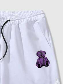 ROMWE MEN Street Life Men Bear & Letter Graphic Striped Trim Drawstring Shorts, School - White - View 3