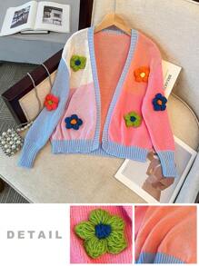 Tween  Girls Autumn And Winter Casual Color Matching 3D Flower Sweater Long Sleeve Cardigan,Back To School,Birthday - Multicolor - View 9