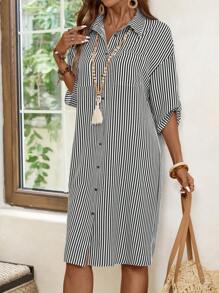 EMERY ROSE 女式条纹印花纽扣前卷袖连衣裙 - 黑與白 - 查看 5
