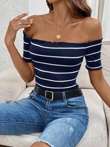 SHEIN LUNE 女式露肩黑白条纹 T 恤，休闲街头航海风格 T 恤，适合夏季至秋季 - 藍白色 - 查看 3