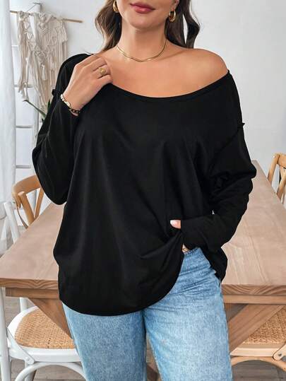 SHEIN Essnce Plus Size Women's And Casual Comfortable Loose Long Sleeve Off-Shoulder Black Tee,Women T Shirts,Costume Outfits,Asymmetrical Top Spring