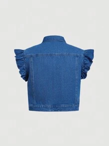 SHEIN MOD Plus Size Denim Jacket With Fitted Ruffle Vest, Blue