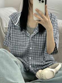 DAZY Women's Summer Casual Hooded Plaid Loose Blouse,Flannels Women - Blue - View 5