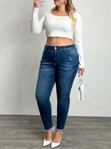 EURMUSE Plus Size Mulheres Bolsos Bainha Desfiada Skinny Casual Jeans - Lavagem escura - Ver 8
