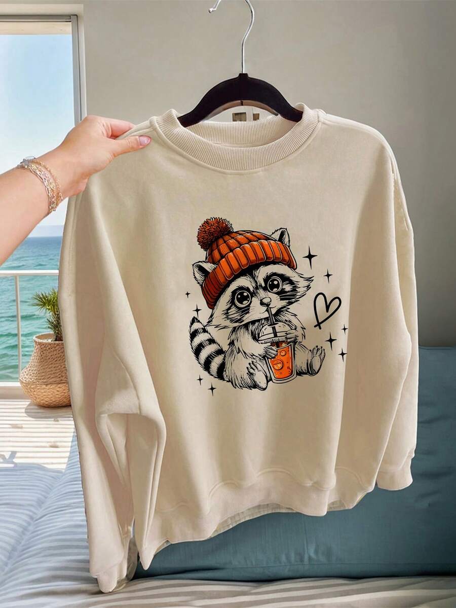 SHEIN EZwear Women's Casual Cartoon Animal Print Fleece Sweatshirt For Vacation - Apricot - View 1