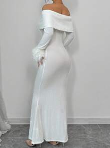 Selianne 女式纯色简约休闲露肩连衣裙，配有流苏袖口饰边，长款女装 - 白色 - 查看 2