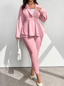 Celure 2 件大码女士翻领腰部收褶双层 A 字形长袖优雅女士套装 - 淺粉色 - 查看 5