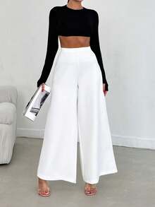 EURMUSE Damen elegante weiße Hose mit weitem Bein - Weiss - Übersicht 3