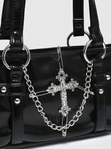 ROMWE Túi đeo vai họa tiết chữ thập Gothic cổ điển dành cho nữ, thiết kế thời trang, Steampunk, túi xách Goth dành cho nữ, trang phục dạo phố sành điệu, hoàn hảo cho lễ hội âm nhạc, buổi hòa nhạc, túi xách phong cách Rock dành cho nữ, trường học, túi xách phong cách thời trang thập niên 2000 dành cho nữ, Halloween - màu đen - Xem 5