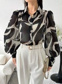 Modelyn Áo sơ mi nữ tay dài cài nút in họa tiết toàn thân thời trang thanh lịch giản dị, áo cánh đen trắng - Nhiều màu - Xem 5